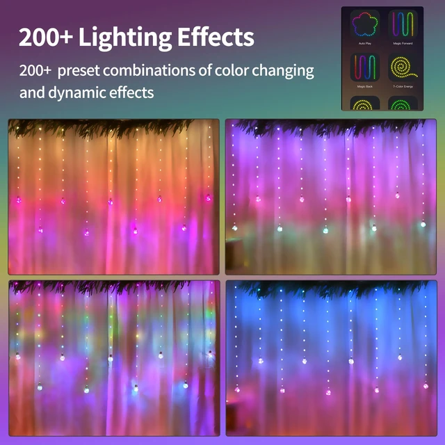 Alt view image 3 of 7 - Color Changing Wishing Ball Curtain Lights, 9.8 x 3.3 FT RGB LED Fairy Light with Remote App Control, Music Sync Window Backdrop Wall Hanging Lights for Bedroom Party Halloween Christmas Decoration