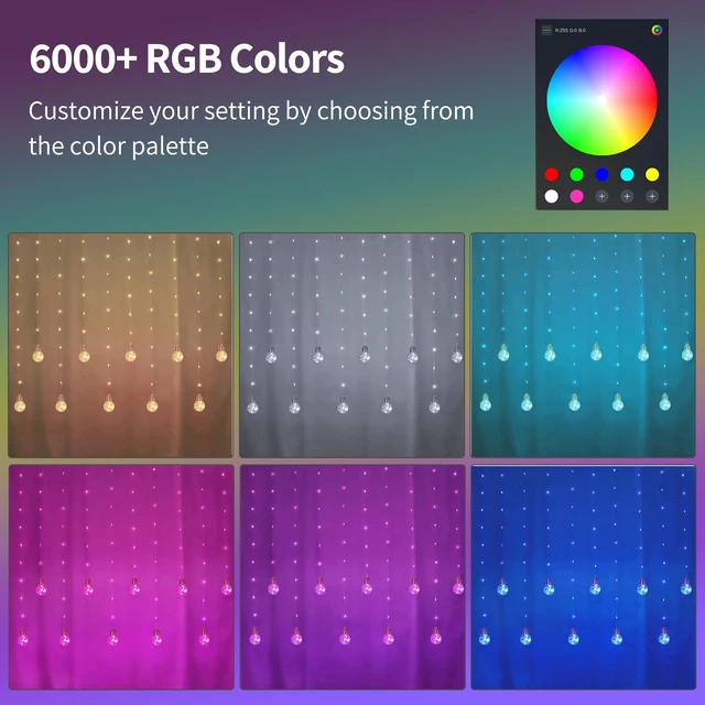 Alt view image 4 of 7 - Color Changing Wishing Ball Curtain Lights, 9.8 x 3.3 FT RGB LED Fairy Light with Remote App Control, Music Sync Window Backdrop Wall Hanging Lights for Bedroom Party Halloween Christmas Decoration