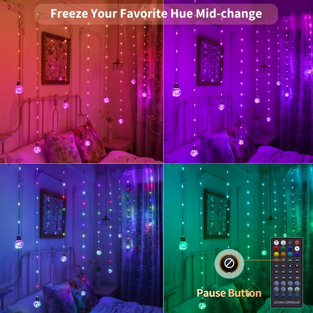 Alt view image 5 of 7 - Color Changing Wishing Ball Curtain Lights, 9.8 x 3.3 FT RGB LED Fairy Light with Remote App Control, Music Sync Window Backdrop Wall Hanging Lights for Bedroom Party Halloween Christmas Decoration
