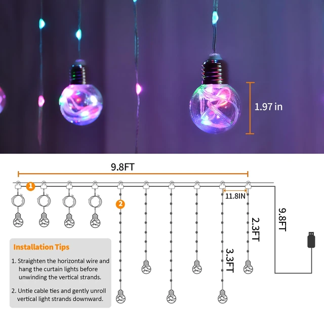 Alt view image 6 of 7 - Color Changing Wishing Ball Curtain Lights, 9.8 x 3.3 FT RGB LED Fairy Light with Remote App Control, Music Sync Window Backdrop Wall Hanging Lights for Bedroom Party Halloween Christmas Decoration
