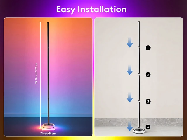 Alt view image 2 of 7 - Smart Corner Floor Lamp, RGBICW LED Standing Lamp with App Control, 16 Million Colors with Music Sync, Dimmable Ambient Light for Bedroom, Living Room, Home Decor (Black)