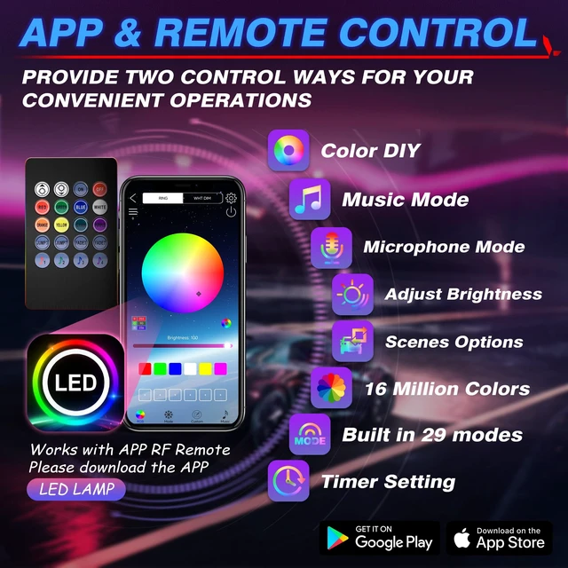 Alt view image 3 of 7 - 10 in 1 RGB Interior Car LED Strip Lights, APP and Remote Control | Sound Active & Music Sync Mode, 16 Million Colors & 29 Dynamic Modes, Adjust Brightness, 470-Inch Fiber Optic