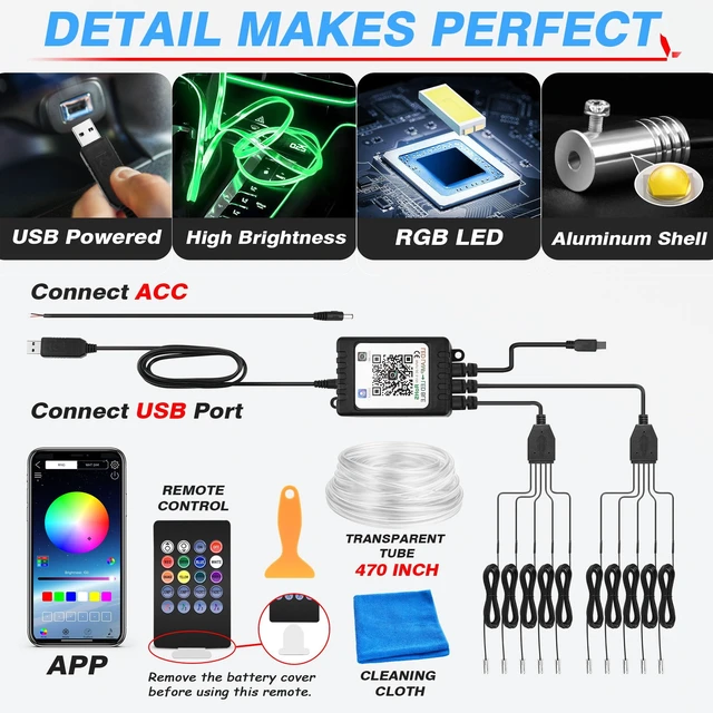 Alt view image 5 of 7 - 10 in 1 RGB Interior Car LED Strip Lights, APP and Remote Control | Sound Active & Music Sync Mode, 16 Million Colors & 29 Dynamic Modes, Adjust Brightness, 470-Inch Fiber Optic