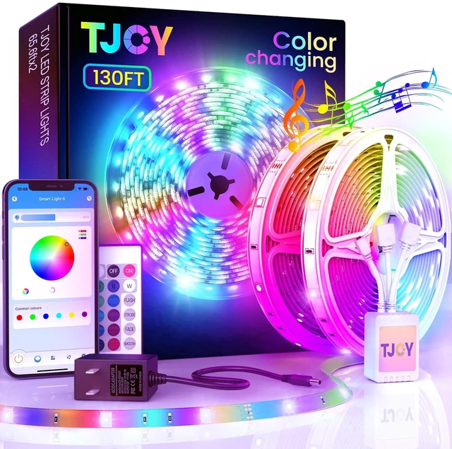 Main image of 130ft Bluetooth LED Strip Lights, RGB Color Changing, Music Sync, App Control, Indoor Usage, 5050 SMD, 2 Rolls, for Bedroom Kitchen TV Party (APP+Remote +Mic)