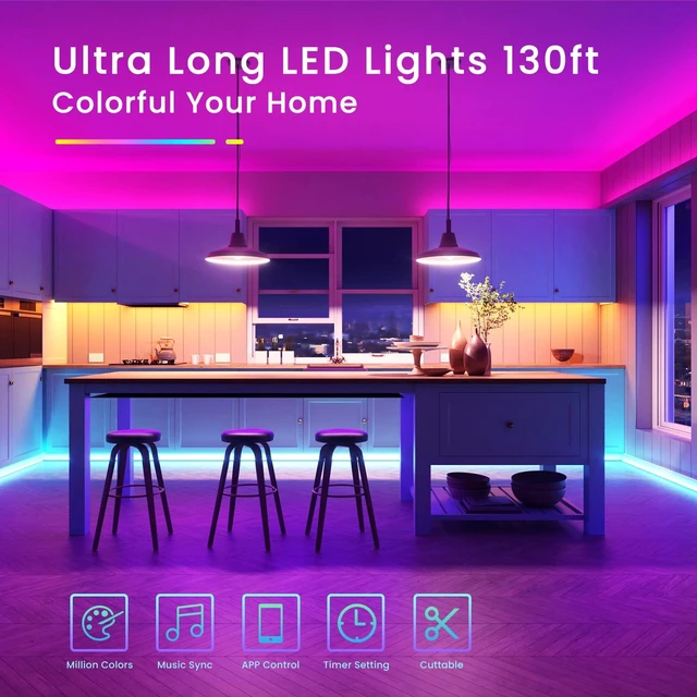 Alt view image 2 of 7 - 130ft Bluetooth LED Strip Lights, RGB Color Changing, Music Sync, App Control, Indoor Usage, 5050 SMD, 2 Rolls, for Bedroom Kitchen TV Party (APP+Remote +Mic)