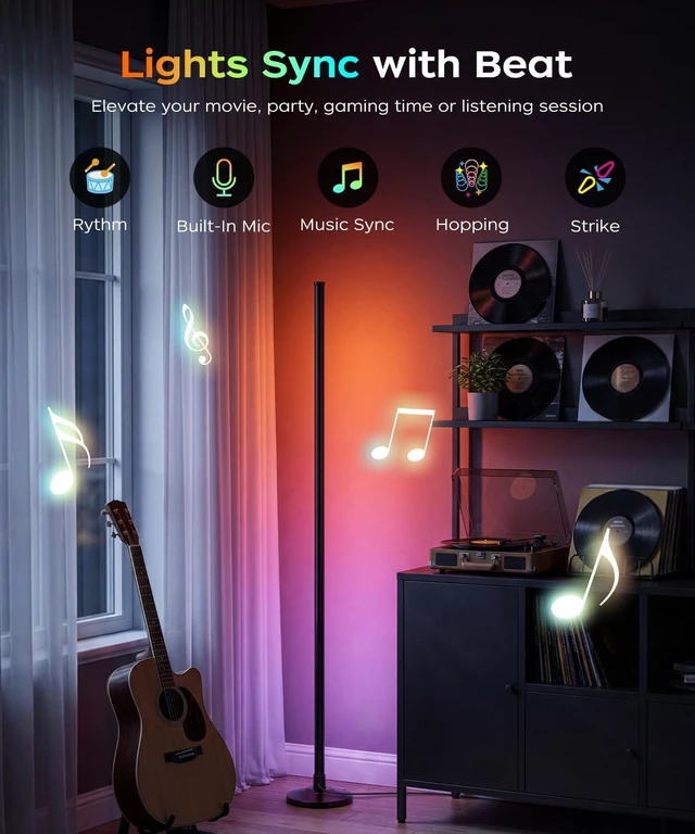 Alt view image 4 of 7 - Corner Floor Lamp, Smart RGB LED Corner Lamp with Music Sync and 16M+ DIY Colors, Remote & App Control, Color Changing Ambient Lighting, Floor Lamps for Living Room, Bedroom and Party