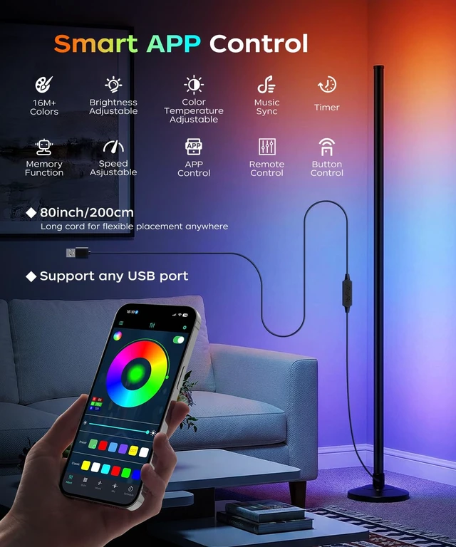 Alt view image 2 of 7 - Corner Floor Lamp, Smart RGB LED Corner Lamp with Music Sync and 16M+ DIY Colors, Remote & App Control, Color Changing Ambient Lighting, Floor Lamps for Living Room, Bedroom and Party