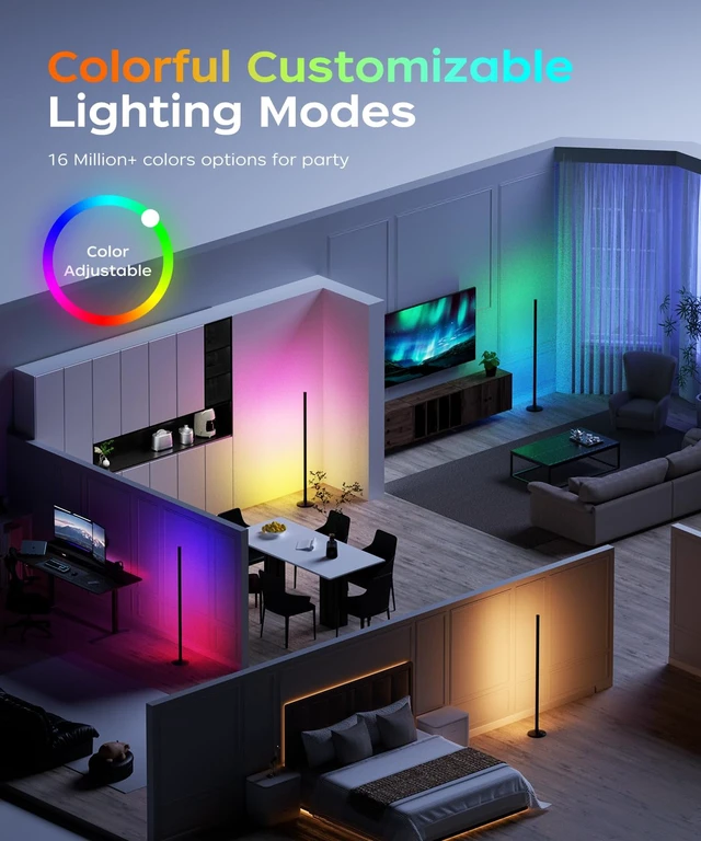 Alt view image 3 of 7 - Corner Floor Lamp, Smart RGB LED Corner Lamp with Music Sync and 16M+ DIY Colors, Remote & App Control, Color Changing Ambient Lighting, Floor Lamps for Living Room, Bedroom and Party