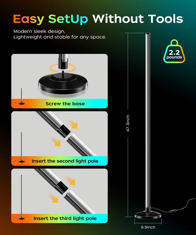 Alt view image 6 of 7 - Corner Floor Lamp, Smart RGB LED Corner Lamp with Music Sync and 16M+ DIY Colors, Remote & App Control, Color Changing Ambient Lighting, Floor Lamps for Living Room, Bedroom and Party