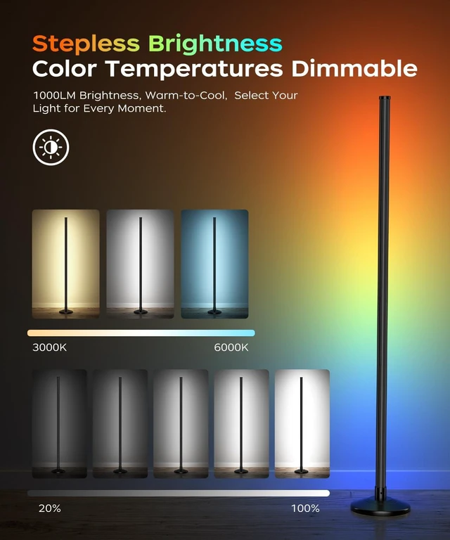 Alt view image 5 of 7 - Corner Floor Lamp, Smart RGB LED Corner Lamp with Music Sync and 16M+ DIY Colors, Remote & App Control, Color Changing Ambient Lighting, Floor Lamps for Living Room, Bedroom and Party