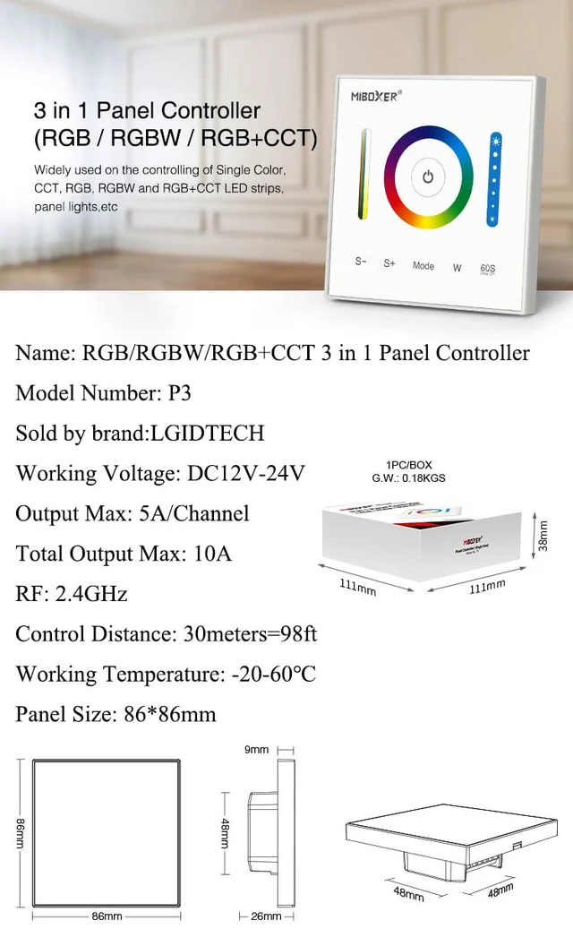 Alt view image 2 of 7 - P3 Wall-Mounted Full Touch Panel Controller for 3528 5050 2835 RGB RGBW RGB+CCT Dimmable Color Changing LED Strip Lighting DC 12-24V 10A 120W 240W.Support Voice and DMX512 Control