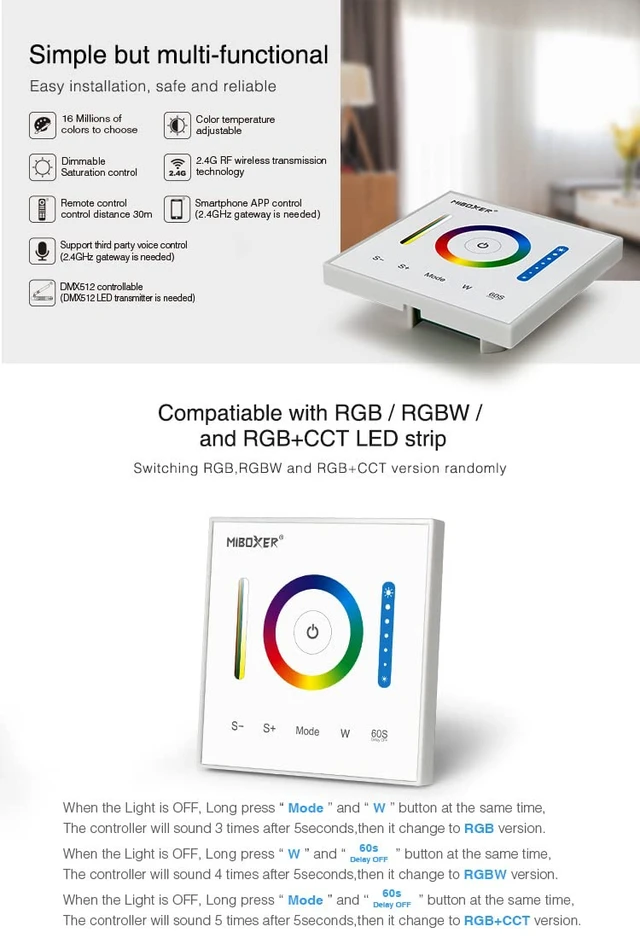 Alt view image 3 of 7 - P3 Wall-Mounted Full Touch Panel Controller for 3528 5050 2835 RGB RGBW RGB+CCT Dimmable Color Changing LED Strip Lighting DC 12-24V 10A 120W 240W.Support Voice and DMX512 Control