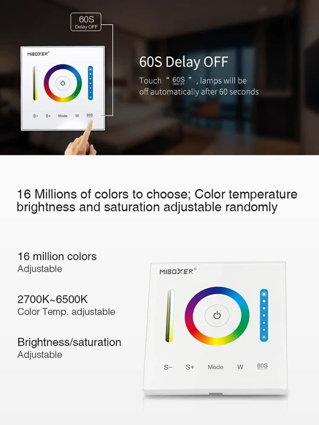Alt view image 4 of 7 - P3 Wall-Mounted Full Touch Panel Controller for 3528 5050 2835 RGB RGBW RGB+CCT Dimmable Color Changing LED Strip Lighting DC 12-24V 10A 120W 240W.Support Voice and DMX512 Control