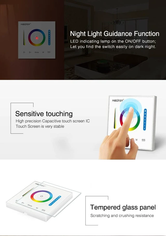 Alt view image 7 of 7 - P3 Wall-Mounted Full Touch Panel Controller for 3528 5050 2835 RGB RGBW RGB+CCT Dimmable Color Changing LED Strip Lighting DC 12-24V 10A 120W 240W.Support Voice and DMX512 Control
