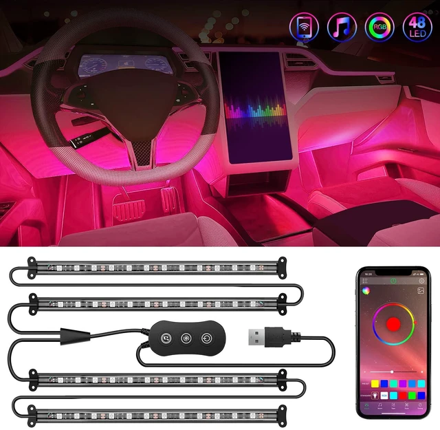 Main image of 4PCS USB Car Interior Neon Accent Lights RGB App and Button Control | 5V DC Multi Color Music LED Strips Under Dash Lighting Kit with Sound Active Function