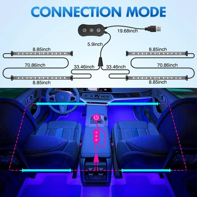 Alt view image 3 of 7 - 4PCS USB Car Interior Neon Accent Lights RGB App and Button Control | 5V DC Multi Color Music LED Strips Under Dash Lighting Kit with Sound Active Function