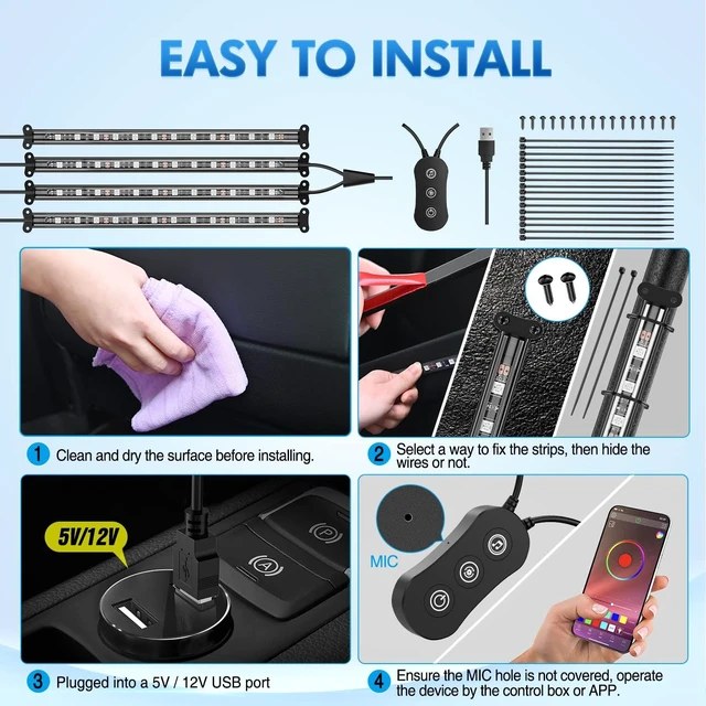 Alt view image 5 of 7 - 4PCS USB Car Interior Neon Accent Lights RGB App and Button Control | 5V DC Multi Color Music LED Strips Under Dash Lighting Kit with Sound Active Function