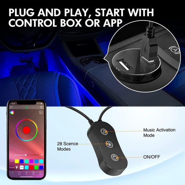 Alt view image 6 of 7 - 4PCS USB Car Interior Neon Accent Lights RGB App and Button Control | 5V DC Multi Color Music LED Strips Under Dash Lighting Kit with Sound Active Function