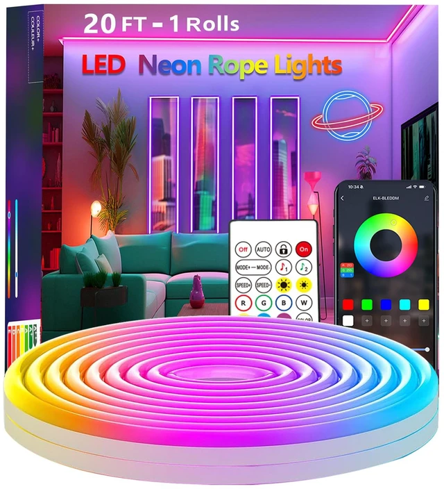 Main image of 20Ft Neon Rope Lights,Flexible Led Rope Lights Control with App/Remote,Multiple Modes Rope Lights,IP65 Outdoor Waterproof,Music Sync Light Strip for Bedroom