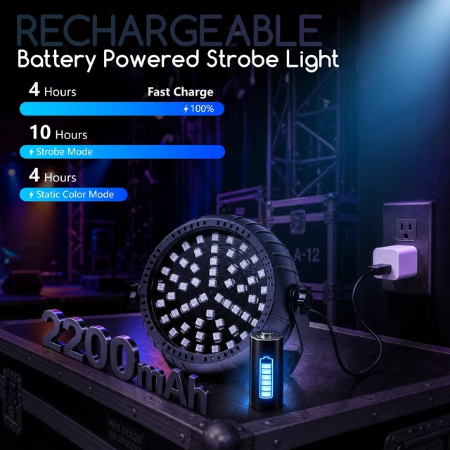 Alt view image 3 of 7 - Strobe Lights for Halloween, Battery Powered Mini Party Light | Rechargeable Strobe Light Wireless | Sound Activated & Remote| 54 RGB LED | for DJ Disco Stage Birthday Club Events