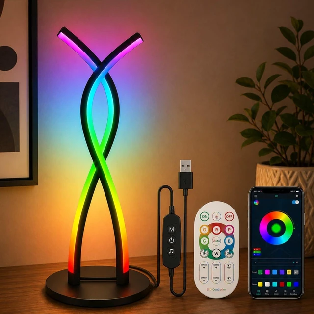 Main image of Smart RGB LED Table Lamp with Music Sync & App Control | Modern ambient desk lamp with 10%-100% dimming and color changing effects. USB powered RGB light for bedroom and home decor.