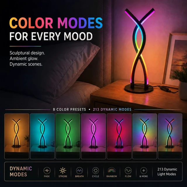 Alt view image 3 of 7 - Smart RGB LED Table Lamp with Music Sync & App Control | Modern ambient desk lamp with 10%-100% dimming and color changing effects. USB powered RGB light for bedroom and home decor.