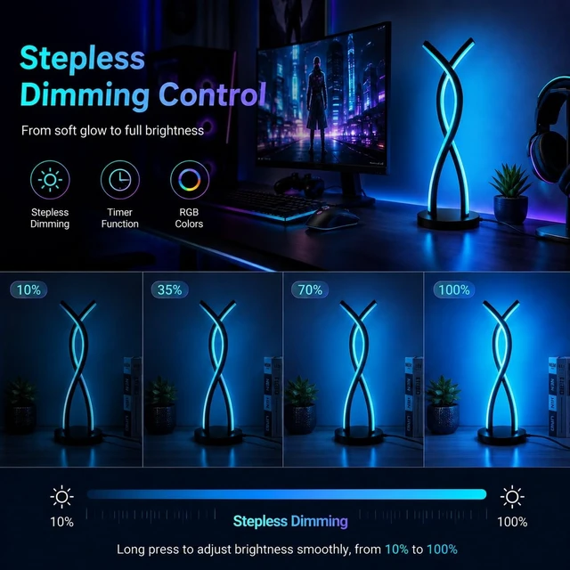 Alt view image 5 of 7 - Smart RGB LED Table Lamp with Music Sync & App Control | Modern ambient desk lamp with 10%-100% dimming and color changing effects. USB powered RGB light for bedroom and home decor.