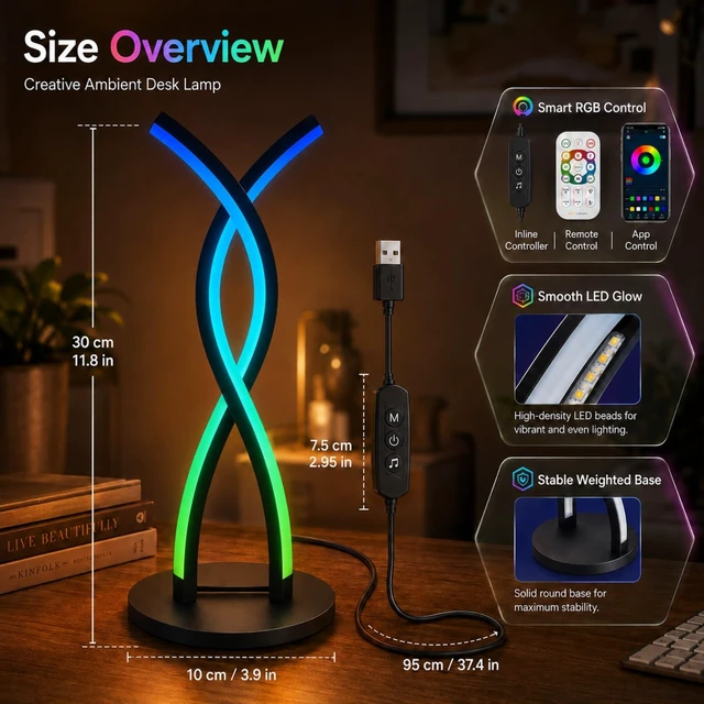 Alt view image 6 of 7 - Smart RGB LED Table Lamp with Music Sync & App Control | Modern ambient desk lamp with 10%-100% dimming and color changing effects. USB powered RGB light for bedroom and home decor.