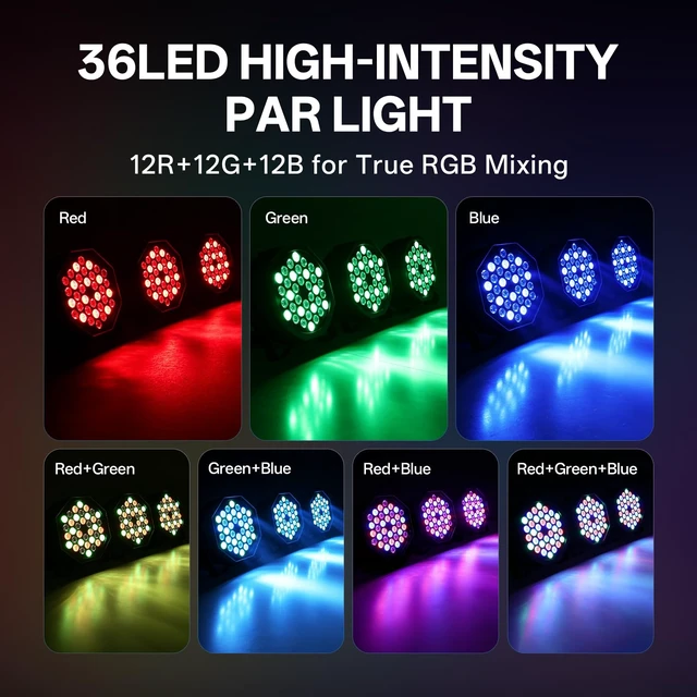 Alt view image 3 of 7 - 36 LED RGB Stage Par Lights by Remote DMX Control 2pack | Sound Activated,1-33Hz strobe,50000hour LED lifespan,DJ Uplighting for Wedding Party Club Christmas