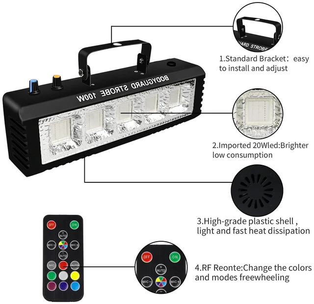 Alt view image 2 of 7 - Strobe Stage Lights Sound Activated, 100W RGB LED Strobe Light, Halloween Light Effect with Remote Control, Professional DJ Party Lights for Banquet Host