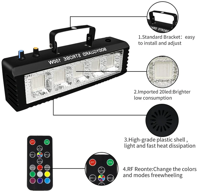 Alt view image 4 of 7 - Strobe Stage Lights Sound Activated, 100W RGB LED Strobe Light, Halloween Light Effect with Remote Control, Professional DJ Party Lights for Banquet Host