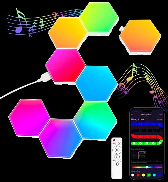 Main image of Hexagon LED Light Panels 8 Pack RGB Wall Decor Lights with Music Sync, App & Remote Modular Home & Christmas Decor for Bedroom, Living Room, and Room Decor