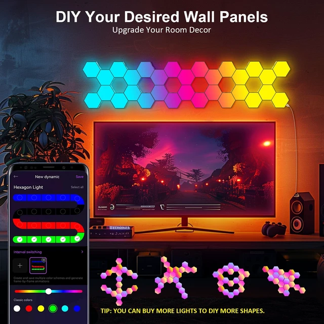 Alt view image 2 of 7 - Hexagon LED Light Panels 8 Pack RGB Wall Decor Lights with Music Sync, App & Remote Modular Home & Christmas Decor for Bedroom, Living Room, and Room Decor
