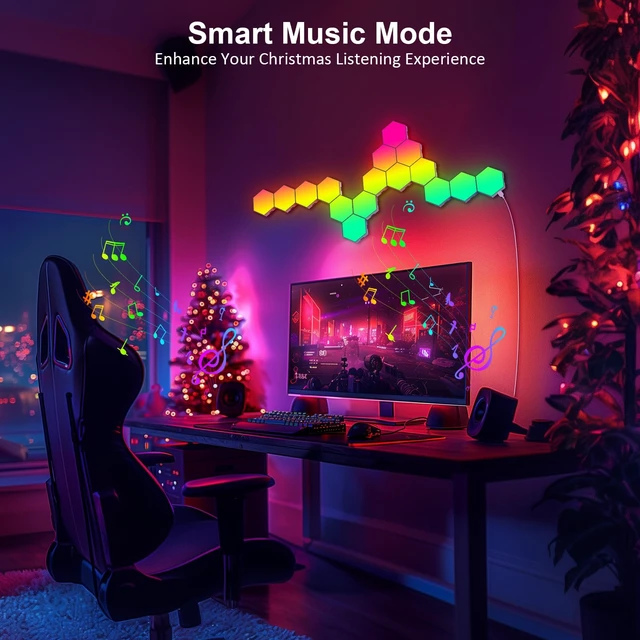 Alt view image 3 of 7 - Hexagon LED Light Panels 8 Pack RGB Wall Decor Lights with Music Sync, App & Remote Modular Home & Christmas Decor for Bedroom, Living Room, and Room Decor