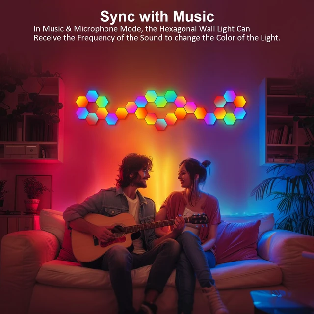 Alt view image 5 of 7 - Hexagon LED Light Panels 8 Pack RGB Wall Decor Lights with Music Sync, App & Remote Modular Home & Christmas Decor for Bedroom, Living Room, and Room Decor