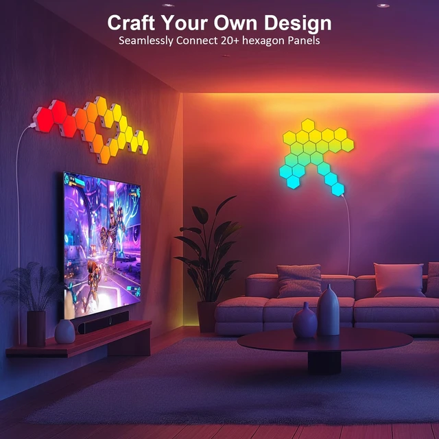 Alt view image 4 of 7 - Hexagon LED Light Panels 8 Pack RGB Wall Decor Lights with Music Sync, App & Remote Modular Home & Christmas Decor for Bedroom, Living Room, and Room Decor
