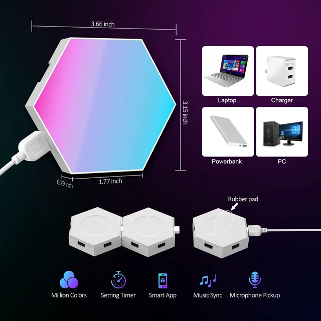 Alt view image 7 of 7 - Hexagon LED Light Panels 8 Pack RGB Wall Decor Lights with Music Sync, App & Remote Modular Home & Christmas Decor for Bedroom, Living Room, and Room Decor