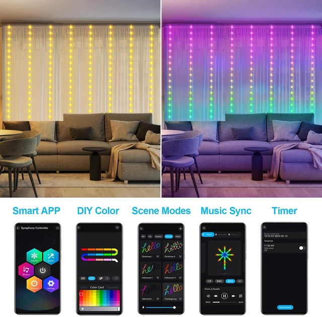 Alt view image 4 of 7 - Smart Curtain Lights RGB 5050 Built in Chip with APP Remote Control | 8Ft x 6Ft 144LED Color Changing Fairy Lights with Music Sync, USB Powered Curtain Light for Party Patio Garden Decor