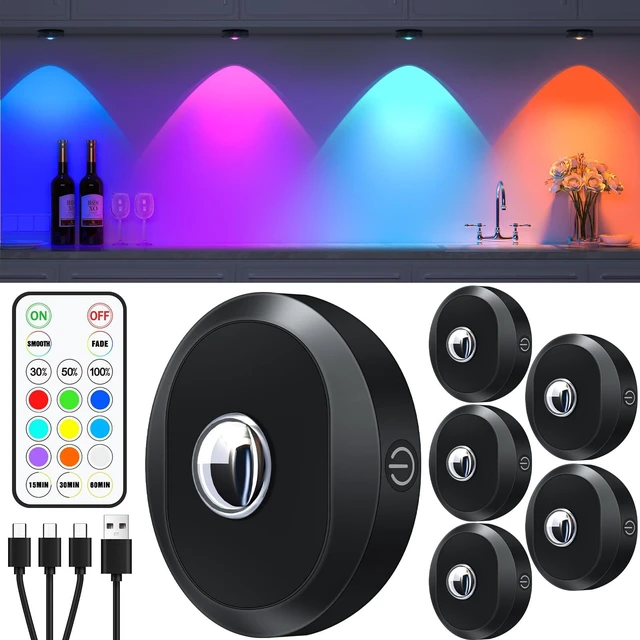 Main image of Rechargeable RGB Puck Lights with Remote,Wireless LED Tap Lights | Dimmable Touch Control Under Cabinet Lighting, USB Lights for Shelf,Cabinet,Kitchen & Closet,6 Pack