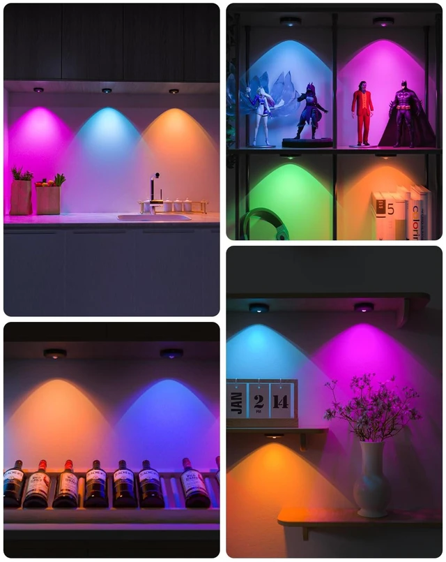 Alt view image 3 of 6 - Rechargeable RGB Puck Lights with Remote,Wireless LED Tap Lights | Dimmable Touch Control Under Cabinet Lighting, USB Lights for Shelf,Cabinet,Kitchen & Closet,6 Pack