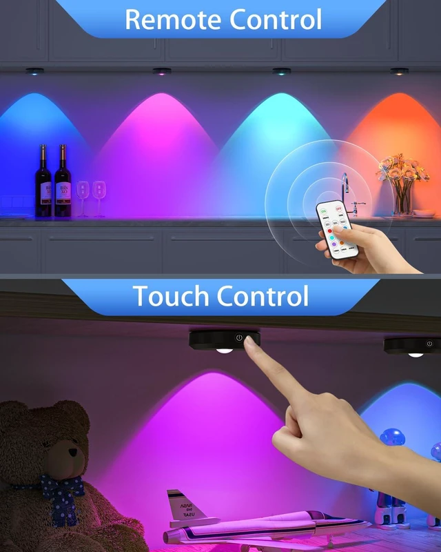 Alt view image 4 of 6 - Rechargeable RGB Puck Lights with Remote,Wireless LED Tap Lights | Dimmable Touch Control Under Cabinet Lighting, USB Lights for Shelf,Cabinet,Kitchen & Closet,6 Pack
