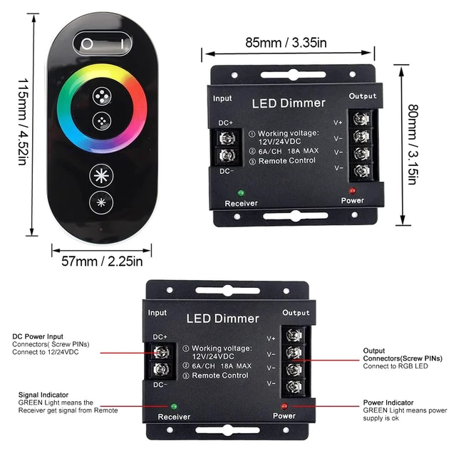 Alt view image 5 of 7 - RGB LED Dimmer Switch, DC 12V-24V RGB Dimmer Switch with Touch Slide | RF RGB Dimmable Remote Controller PWM 18A Switch Dimmer Remote Control for RGB LED Strip Light