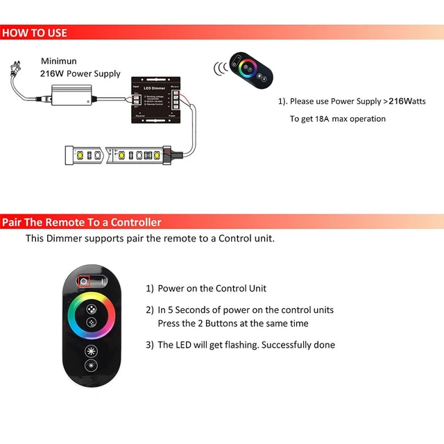 Alt view image 6 of 7 - RGB LED Dimmer Switch, DC 12V-24V RGB Dimmer Switch with Touch Slide | RF RGB Dimmable Remote Controller PWM 18A Switch Dimmer Remote Control for RGB LED Strip Light