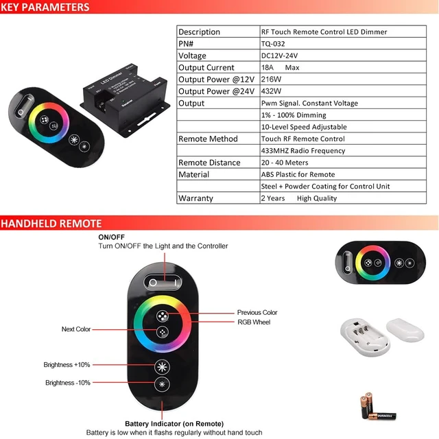 Alt view image 7 of 7 - RGB LED Dimmer Switch, DC 12V-24V RGB Dimmer Switch with Touch Slide | RF RGB Dimmable Remote Controller PWM 18A Switch Dimmer Remote Control for RGB LED Strip Light