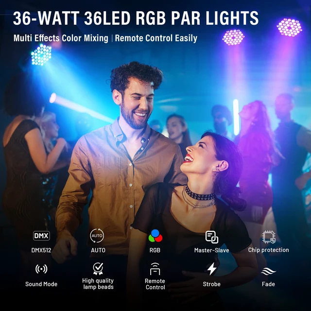 Alt view image 7 of 7 - LED Stage Lights 4Pack - Czgor 36W RGB DJ Par Light for Party, Remote & DMX | with Sound Activated Auto Play by Remote / DMX Control Uplights for Events Wedding Parties Club Christmas DMX512 Lighting
