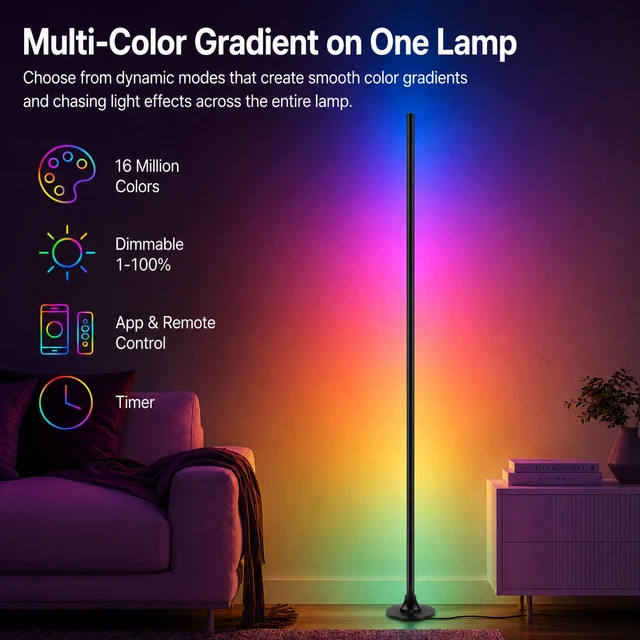 Alt view image 2 of 7 - Corner Floor Lamp,Smart Ambient Light for Gaming Room | Remote & App Control,16 Million Colors & 100+ Scene Modes, Music Sync ,RGB Color Changing Floor Lamp for Living Room