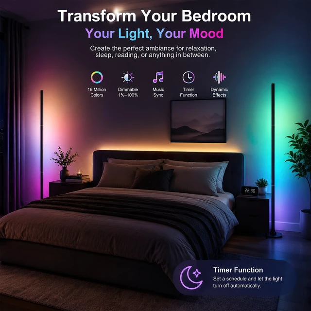 Alt view image 7 of 7 - Corner Floor Lamp,Smart Ambient Light for Gaming Room | Remote & App Control,16 Million Colors & 100+ Scene Modes, Music Sync ,RGB Color Changing Floor Lamp for Living Room