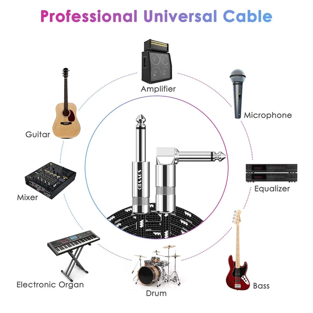 Alt view image 2 of 7 - Guitar Cable 20FT Instrument Cord for Electric Bass Keyboard - 1/4 Inch Right Angle AMP Cable - Black White