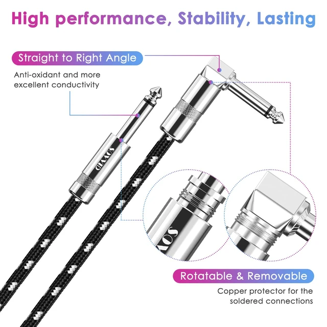 Alt view image 4 of 7 - Guitar Cable 20FT Instrument Cord for Electric Bass Keyboard - 1/4 Inch Right Angle AMP Cable - Black White