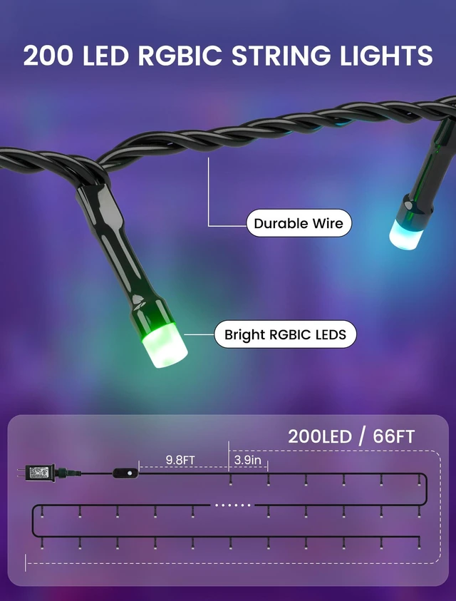 Alt view image 5 of 7 - RGB Christmas Lights, 66FT 200 LED Color Changing String Lights | Smart APP and remote control, dimmable twinkle lights for indoor outdoor Christmas, Halloween, holiday, party, wedding decor